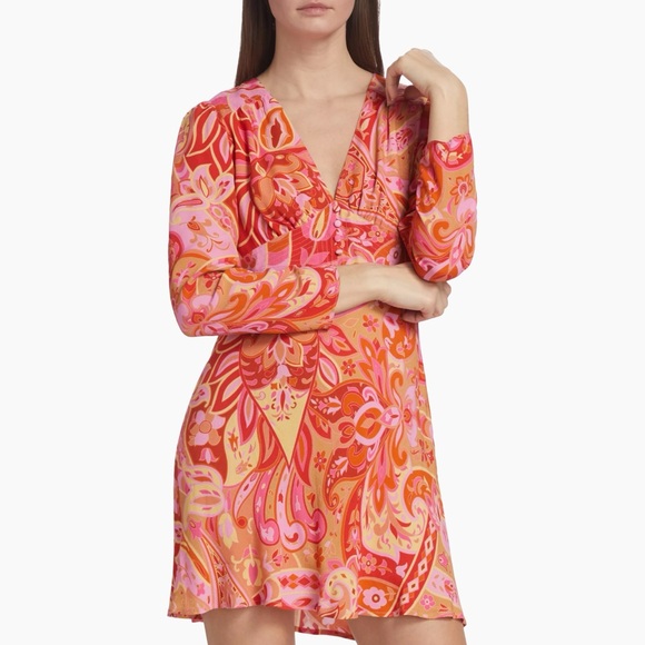 Rixo Jules Abstract Print Mini Dress 100% Silk Paisley Pink Retro Hippie Boho XL - Picture 3 of 16